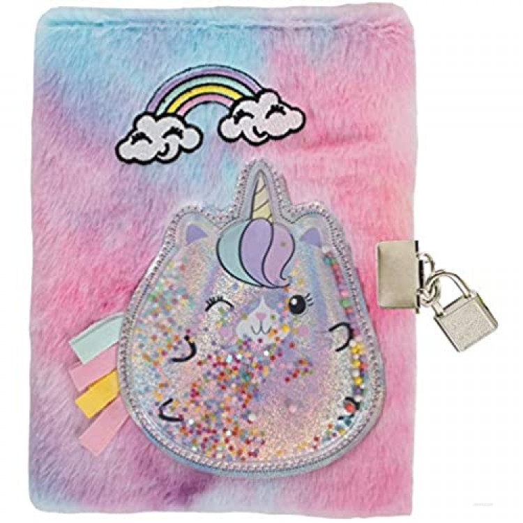 iscream Furry Holographic Floating Glitter Caticorn Embroidered Accent Lined-Page Lock and Key 8.5 Journal