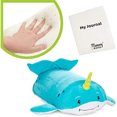 MEMORY MATES Ruthie The Narwhal Memory Foam Pillow Plush with Kid's Diary That Stores in Belly Pocket  15” Stuffed Animal  6" Journal