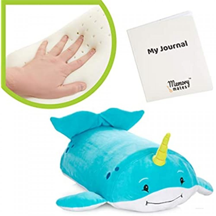 MEMORY MATES Ruthie The Narwhal Memory Foam Pillow Plush with Kid's Diary That Stores in Belly Pocket 15” Stuffed Animal 6 Journal
