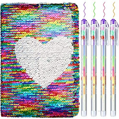 Outus Sequin Notebook Set with 4 Pieces Color Gel Ink Pens Reversible Magic Diary Flip Sequin Journal Writing Journal Set for Valentine's Day Teens Young Girls (Candy Color)