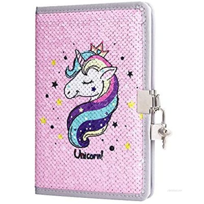 PojoTech Unicorn Notebook Sequin Secret Diary with Lock  Reversible Mermaid Sequin Notebook Private Journal Magic Travel Journal Unicorn Notebook Gift for Adults and Kids (Pink)
