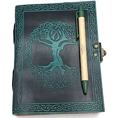 This Sweet Earth Leather Journal Diary with Latch Celtic or Tree of Life Design with Pen (Green Tree of Life  5" x 7")