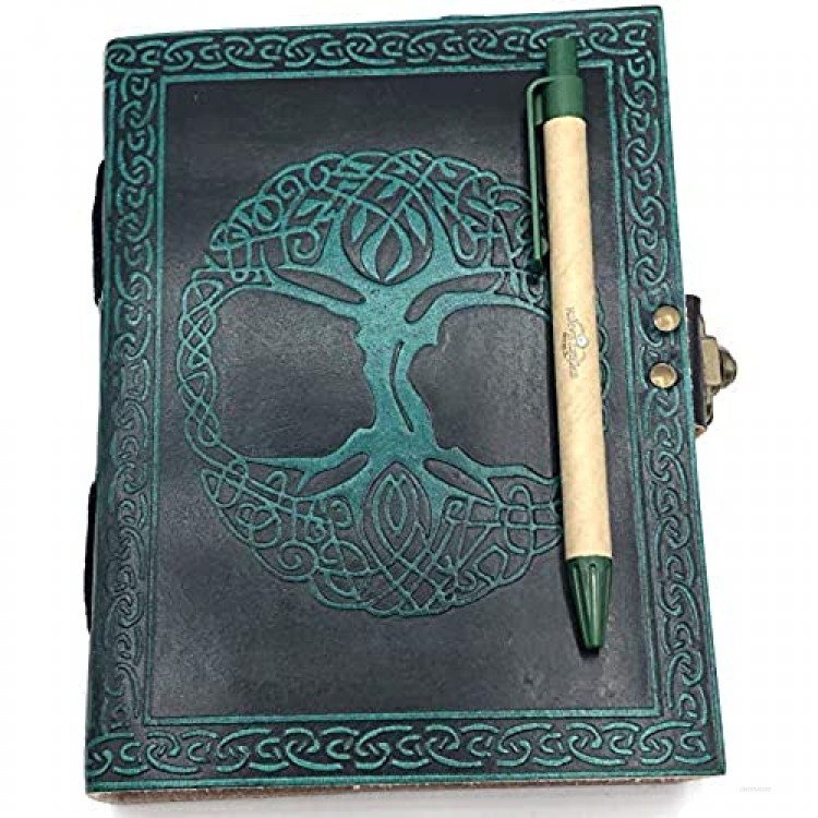 This Sweet Earth Leather Journal Diary with Latch Celtic or Tree of Life Design with Pen (Green Tree of Life 5 x 7)