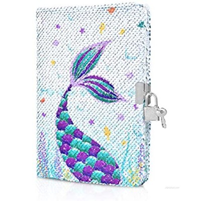 WERNNSAI Mermaid Sequins Notebook - Reversible Mermaid Journals Unique Gift for Girls Travel School A5 Secret Diary Notebooks with Locks and Keys