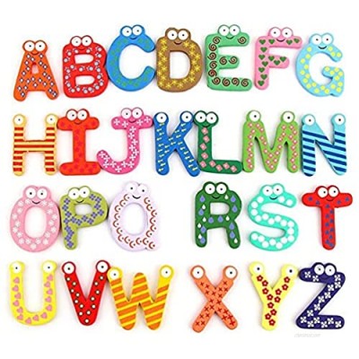 26Pcs Alphabet Wooden Colorful Cartoon Fridge Magnets Letters Stickers for Whiteboard Fridge Child Educational Toy Home School Decoration