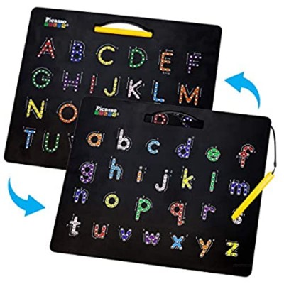 PicassoTiles 2-in-1 Double Sided Magnetic Alphabet Board ABC A-Z Upper Case Capital and Lowercase Letter Writing Reading Playboard 12x10 inch Large Magnet Tablet Pad Open-Ended Learning Playset PTB03