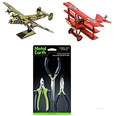 Fascinations Metal Earth 3D Metal Model Kit Bundle - Fokker Dr. I Triplane - B-24 Liberator - Tool Set