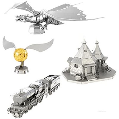 Fascinations Metal Earth 3D Metal Model Kits - Harry Potter Set of 4 - Hogwarts Express Train  Hagrid's Hut  Golden Snitch  Gringotts Dragon