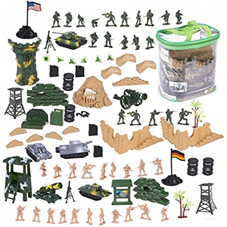 Juvale 100 Piece Military Figures and Accessories - Toy Army Soldiers in 2 Colors War Soldiers Playset with 2 Flags and Battlefield Accessories