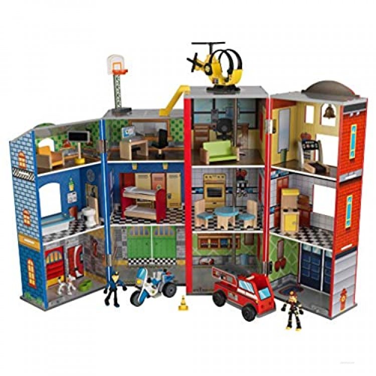 KidKraft Everyday Heroes Wooden Playset 3-Story with 35-Piece Accessories Foldable for Storage Gift for Ages 3+