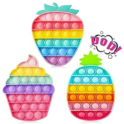 3PCS Pop Bubble Sensory Fidget Pack Toys  Push Popping Bubbles Pop Toy Strawberry Pineapple Fruits Cheap Popper Fidget Pack Stress Relief Tool Sensory Toy for Kids Adults(3Pcs(Macaron))