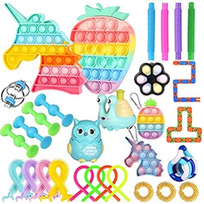 Fidget Pack Toys Set 32 Pcs Pop Mini Fidget Keychain Digits Toys Baby Sensory Toys Stress Relief Anti- Anxiety Early Education Flipping Board Toys for Babies Toddlers Kids Adults…