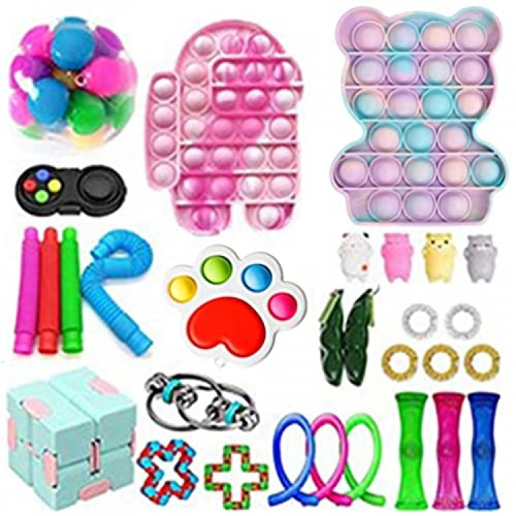 Fidget Toy Packs Cheap Fidget Box with Simples Dimples Pop Bubble DNA Stress Relive Balls for Kids Adults ADHD ADD Anxiety Autism (30pcs c)