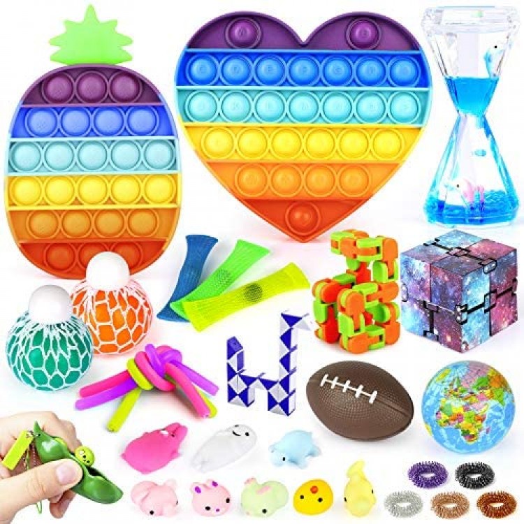 Fidget Toys Set 30Pcs Push Pop Bubble Fidget Sensory Toy and Stress Relief Anti-Anxiety Tools Toys for Kids Adult ADHD ADD Anxiety Autism Perfect for Birthday Party Favors Classroom Rewards