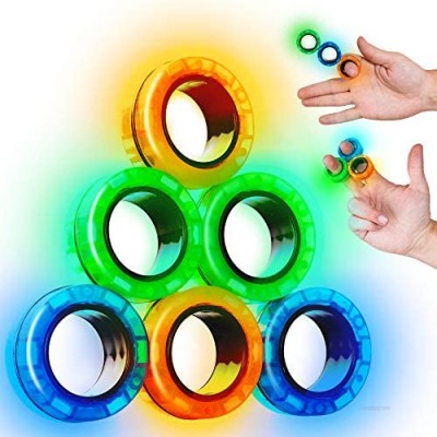 SCRATCHIEZ Magnetic Rings Fidget Toys for Adults and Children – Glow in The Dark Stress Relief Magnet Toys – Set of 6 Fidget Rings with Carrying Fidget Box – Green  Orange and Blue