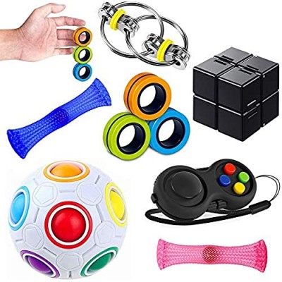 Sensory Fidget Toys Set 7 Pack. Stress Relief and Anti-Anxiety Tools Bundle with Fidget Pad  Flippy Chain  Infinity Cube  Fingears Magnetic Rings and More  Fidgeting Game for Kids and Adults Kill Time