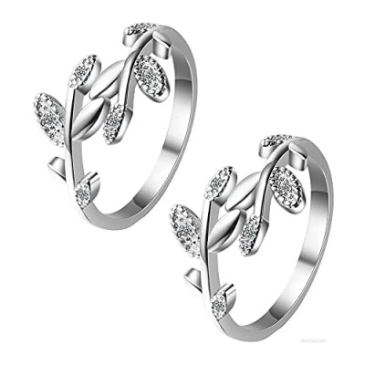 2PCS Grow Through What You Go Through Simplicity Hollow Branch Ring  Wrap Around Olive Leaf Branch Ring  Adjustable Leaf Ring Pave Cubic Zirconia Stone Stackable Open Rings