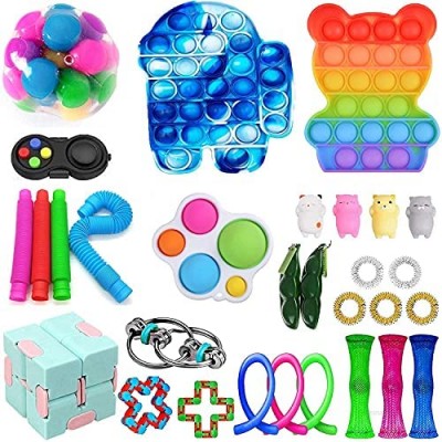 Fidget Toy Pack  Fidget Pack Sensory Relieves Stress Anxiety for Kids Adults  Fidget Toy Set with Pop and Dimple & DNA Ball (Pack C)