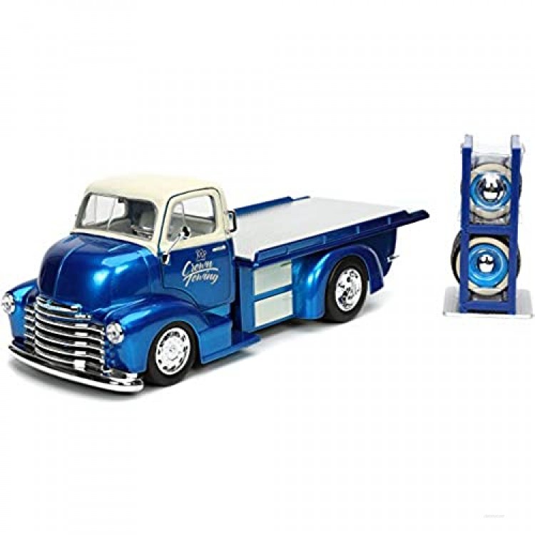 1952 Chevy COE Flatbed Tow Truck Crown Towing Candy Blue and Cream with Extra Wheels Just Trucks Series 1/24 Diecast Model Car by Jada 32708