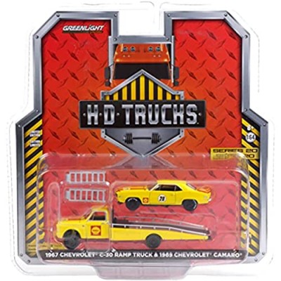 1967 Chevy C-30 Ramp Truck and 1969 Chevy Camaro #28"Shell Oil Yellow w/Red Stripes H.D. Trucks 1/64 Diecast Model Cars by Greenlight 33200 A
