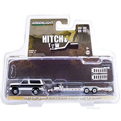 1983 GMC Jimmy Sierra Classic Pearl White and Black with Heavy Duty Flatbed Car Hauler Hitch & Tow 1/64 Diecast Model Car by Greenlight 32210 A