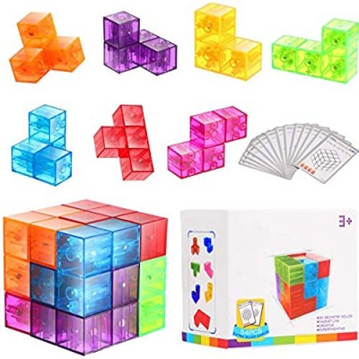 Magnetic 3D Puzzle Cubes Transparent Magnetic Cube Consists of 7 Magnetic Building Blocks with 54 Guide Cards  108 Splicing Challenges of Different Levels for Killing Time and Relieving Stress