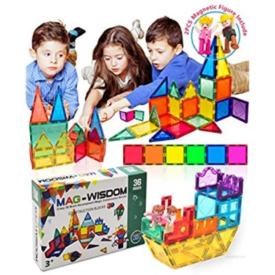 Magnetic Tiles for Kids Magnetic Blocks Building Tiles STEM Toys 36 Pcs 3D Magnetic Blocks for Kids Children STEM Learning Toys 2 Toy Figures Included 3 Year Old Girl Gifts