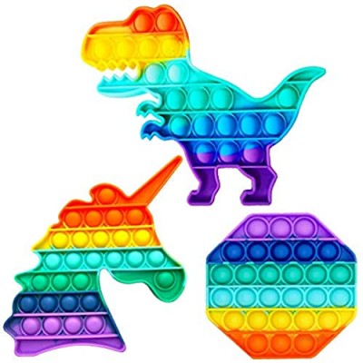 3 Pack Push Pop Bubble Sensory Fidget Toy  Unicorn Dinosaur Push Pop Toys  Colorful Rainbow Silicone Squeeze Stress Reliever Toy for Autism Special Needs Stress Relief Kids Adult