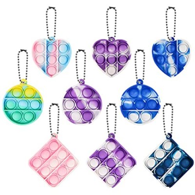 9 PCS Mini Pop Bubble Fidget Sensory Toy Silicone Rainbow Stress Reliever Hand Toy Squeeze Key-Chain Toy for Adults and Kids  Pressure Relieving and Anti-Anxiety Office Desk Toy(3 Shapes)