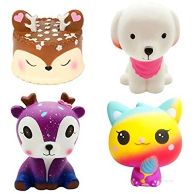 Kayoon 4 Pcs Jumbo Squishies Slow Rising Toys Kawaii Deer Cake Pink Dog Galaxy Deer Ice Cream Cat Squishys Pack for Kids Stress Toy and Party Favors