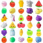 MALLMALL6 30Pcs Mochi Squeeze Toys for Kids Party Decorations Favors Stress Relief Birthday Gift Treat Goodie Bags Fruit and Random Animals Shape Kawaii Mini Toys Classroom Prize for Boys Girls