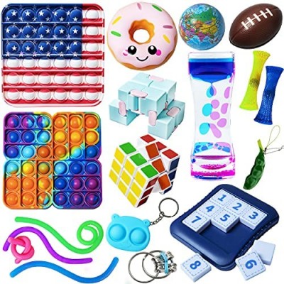 Sensory Fidget Toys Set  Simple Dimple Figetget Toys Pack Stress Relief Anti-Anxiety Push Pop Bubble Squishy Squeeze Fidgets Box Miniature Novelty Toy for Autistic ADHD Kids Adults