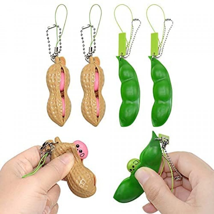 Squeeze&Beans Peanuts Keychain Sensory Fidget Toys Set Funny Facial Expressions Edamame Fidget Keychain Pea Pod Soybean Stress Relieving Sensory Fidget Toys Gift for Adults Kids Relief Anti-Anxiety