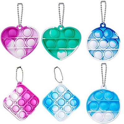 TINSO 6 Pack Mini Push Pop Fidget Keychain Toy  Heart Square Round Shape Silicone Squeeze Anti-Anxiety Fidget Toys  Popping Fidget Novelty Gift for Kids Adult (Tie Dye Green+Purple+Blue)