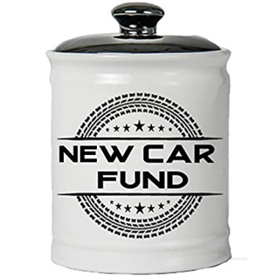 Cottage Creek Piggy Bank  New Car Fund Jar  Round Ceramic Car Coin Bank with Black Lid  Car Savings Piggy Bank [White]