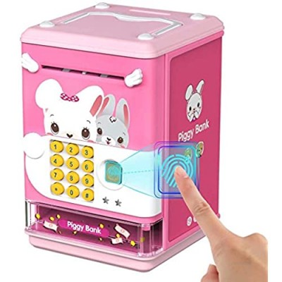Deejoy Piggy Bank Toy Electronic Mini ATM Savings Machine with Personal Password & Fingerprint Unlocking Simulation - Music Box with Songs for Kids  Boys and Girls Age 3-8 Years (Pink)