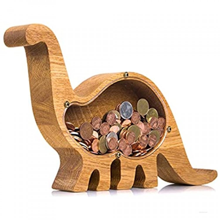 Dinosaur Piggy Bank For Boys and Girls – Durable and Practical Money Saving Box – Strong and Natural Oak Wood – Transparent Organic Glass Side – Perfect Gift Idea For Developing Money Saving Habit