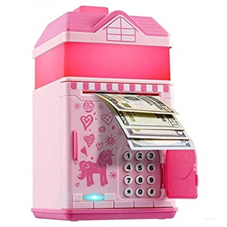 Piggy Bank for Girls Electronic Money Coin Code Bank with LED Night Light and 10 Music Pink Safe Box with Personal Password Setting Auto Money Scroll for Kids` Birthday