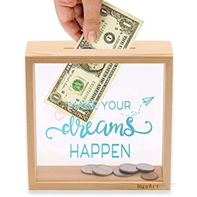 Piggy Banks for Adults  Decorative Shadow Box Wooden Frame  Coin Bank Money Bank  Sized 6.5x6.5x2.2 Inch  Natural Wood Money Box  Printed on The Plexiglass Front-Make Your Dreams Happen.