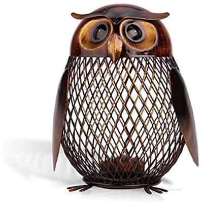 Tooarts Owl Shaped Metal Coin Bank Box Handwork Crafting Art