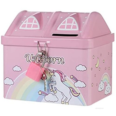 VOSAREA Unicorn Piggy Bank Cartoon House Shape Money Bank Iron Metal Coin Bank with Lock Gifts for Holiday Birthday Christmas Red Lucky Money Party Favor  Random Color