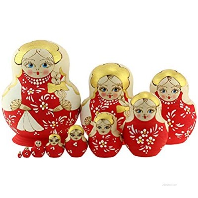Azhna 10 pcs 14 cm Souvenir Matryoshka Home Decor Collection Nesting Doll Woodburned and Hand Painted Russian Doll Wooden Stacking Doll (Red)