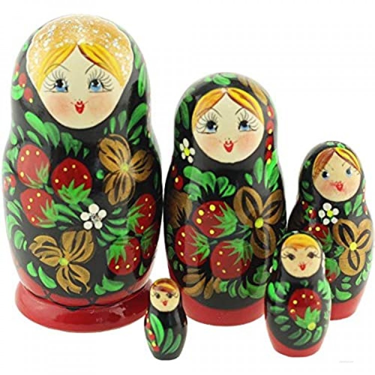 Azhna 5 pcs 10.5 cm Classic Khokhloma Style Nesting Doll Hand Painted Russian Doll Wooden Stacking Doll