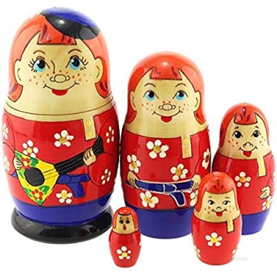 Azhna 5 pcs 10.5 cm Russian Boy Nesting Doll Woodburned and Hand Painted Russian Doll Wooden Stacking Doll