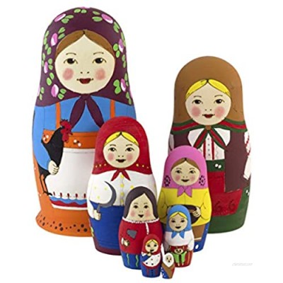 Azhna 8 pcs 17 cm First Matryoshka Style Souvenir Home Decor Collection Nesting Doll Woodburned and Hand Painted Russian Doll Wooden Stacking Doll