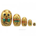 Ebros Gift Golden Maneki Neko Wooden Toy Stacking Nesting Dolls 5 Piece Parts Set Hand Painted Wood Decorative Collectible Matryoshka Doll Toys for Children Christmas Mother's Day Birthday Gifts
