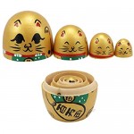 Ebros Gift Golden Maneki Neko Wooden Toy Stacking Nesting Dolls 5 Piece Parts Set Hand Painted Wood Decorative Collectible Matryoshka Doll Toys for Children Christmas Mother's Day Birthday Gifts