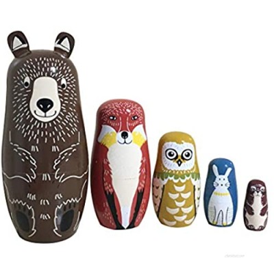 Helen-sky 5pcs Wooden Russian Nesting Dolls Cartoon Bear Fox Owl Matryoshka Dolls Handmade Kids Christmas Birthday Gift Home Decorations (5 pcs)