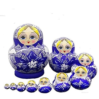 LK King&Light 10pcs Beautiful Blue_White Russian Nesting Dolls Matryoshka Wooden Toys