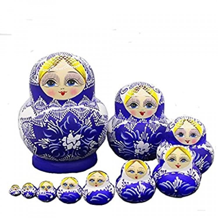 LK King&Light 10pcs Beautiful Blue White Russian Nesting Dolls Matryoshka Wooden Toys